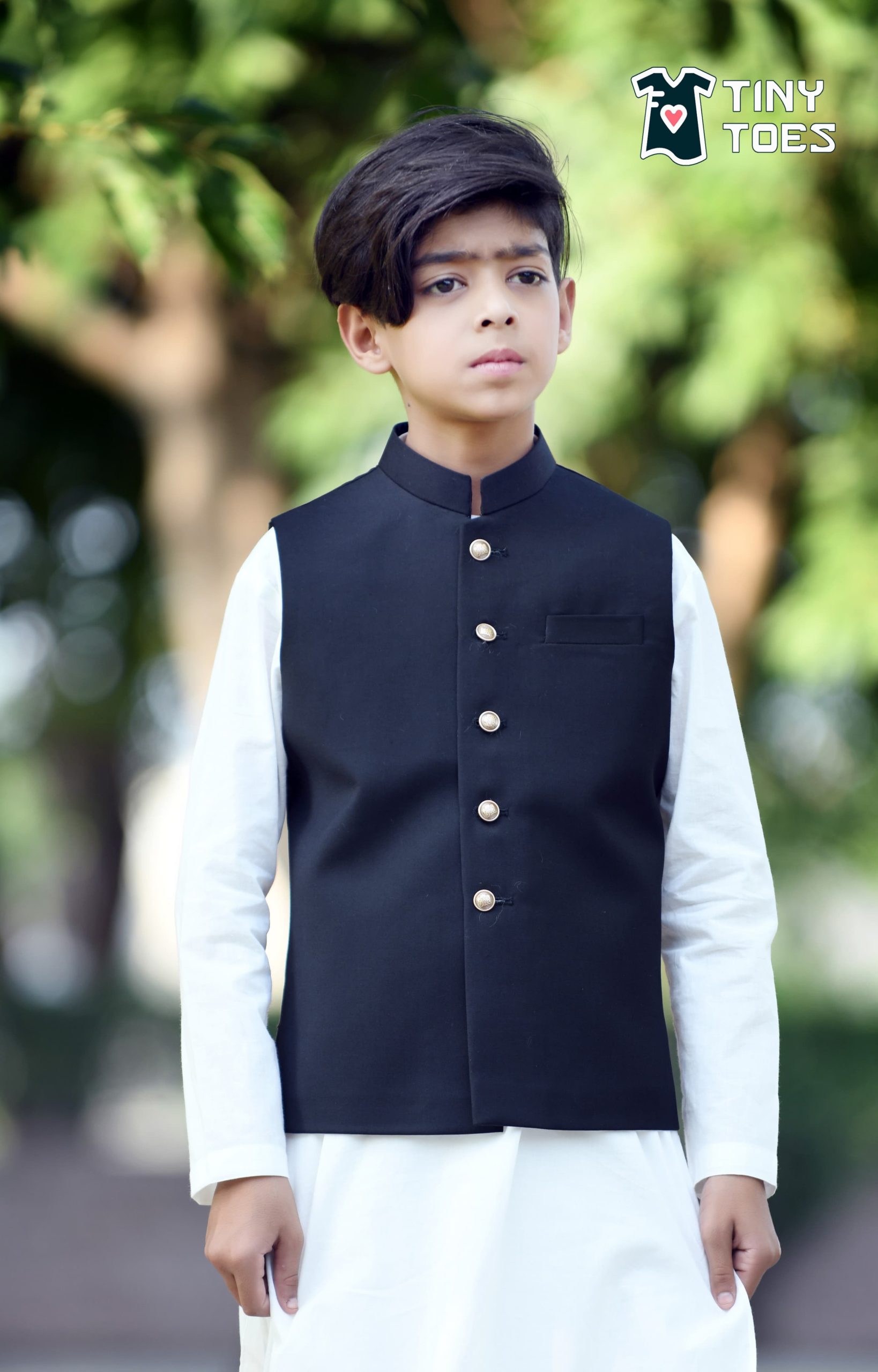 Black Walnut Waist Coat With White Kurta Pajama