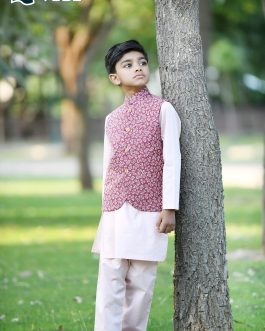 Cherry Blossom Waist Coat With White Kurta Pajama