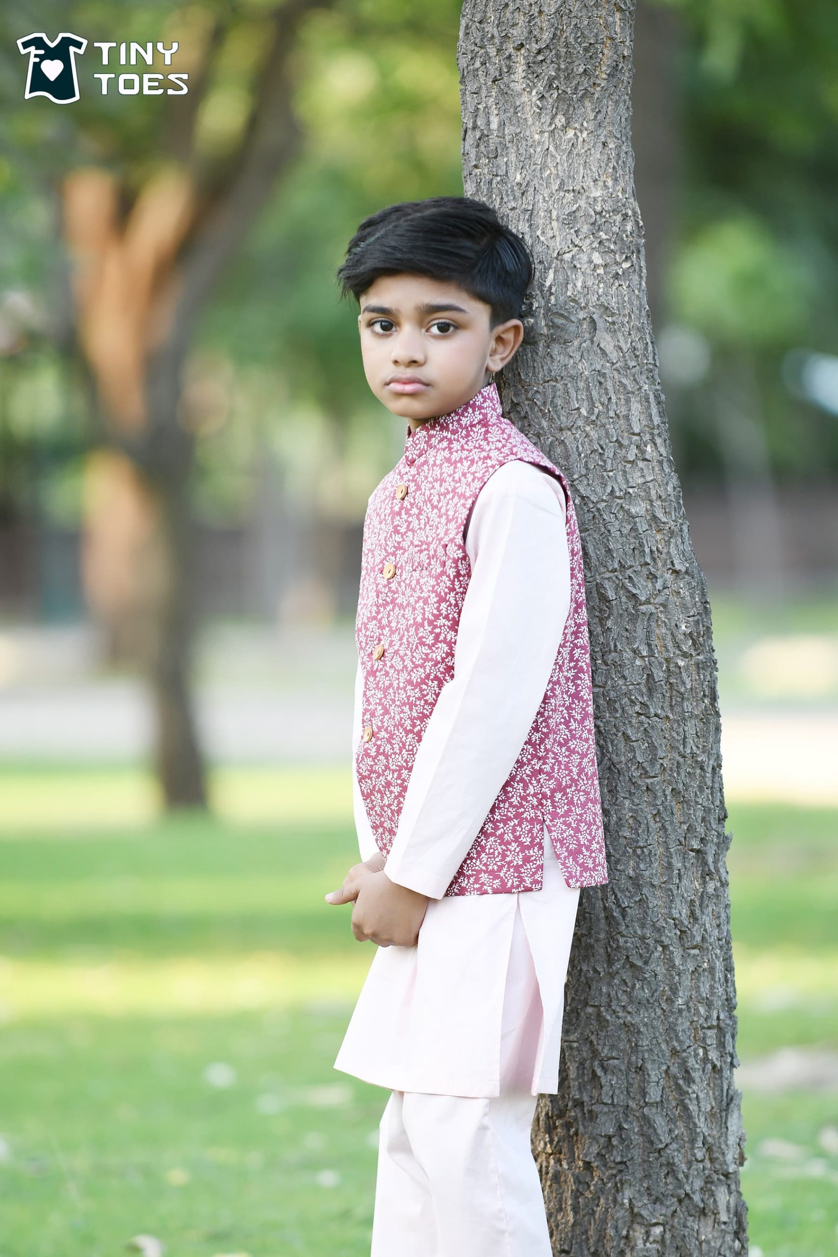 Cherry Blossom Waist Coat With White Kurta Pajama - Image 3